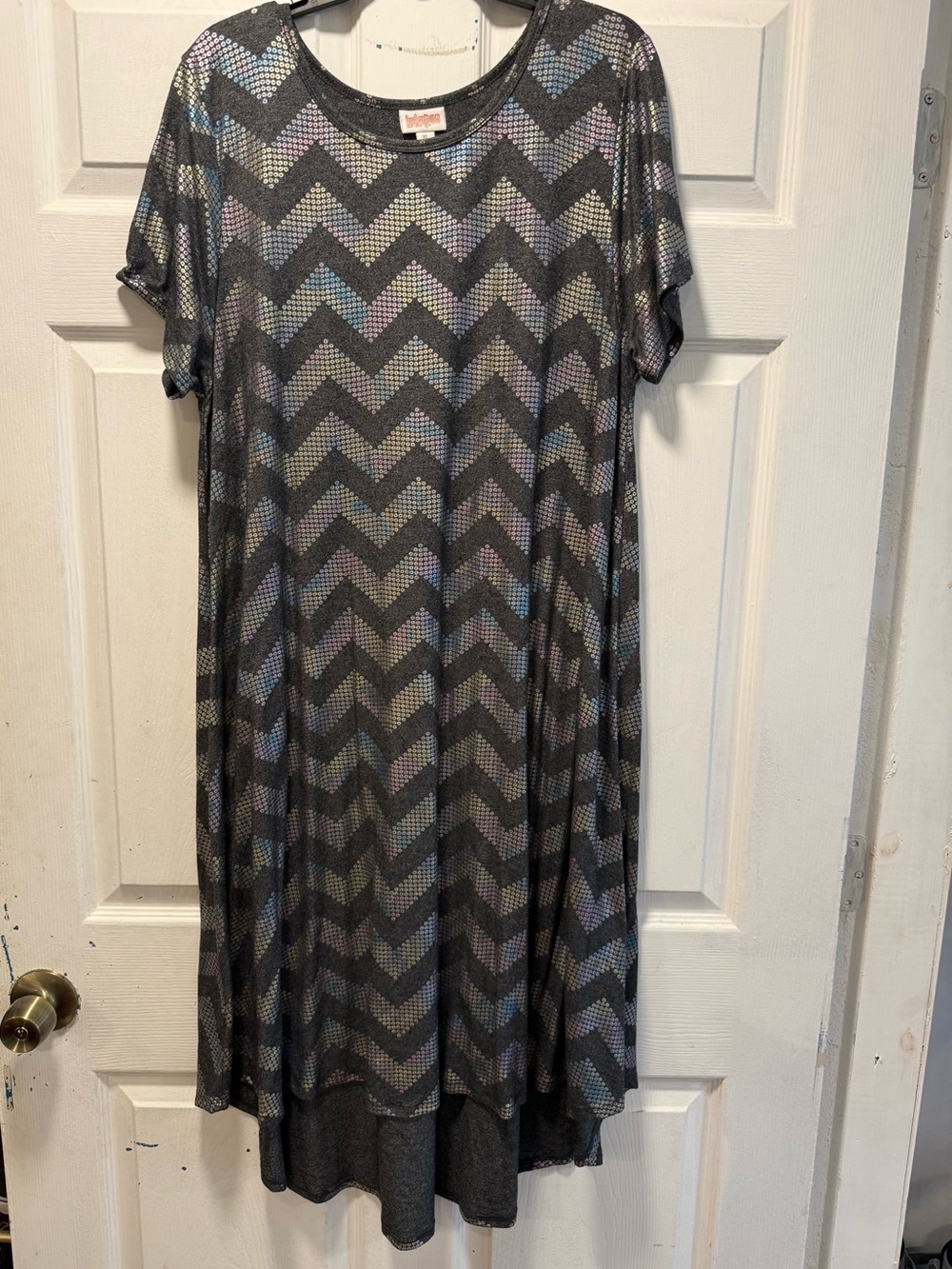 LuLaRoe Asymmetrical Dress in Black with Metallic Gold and Pink Dots